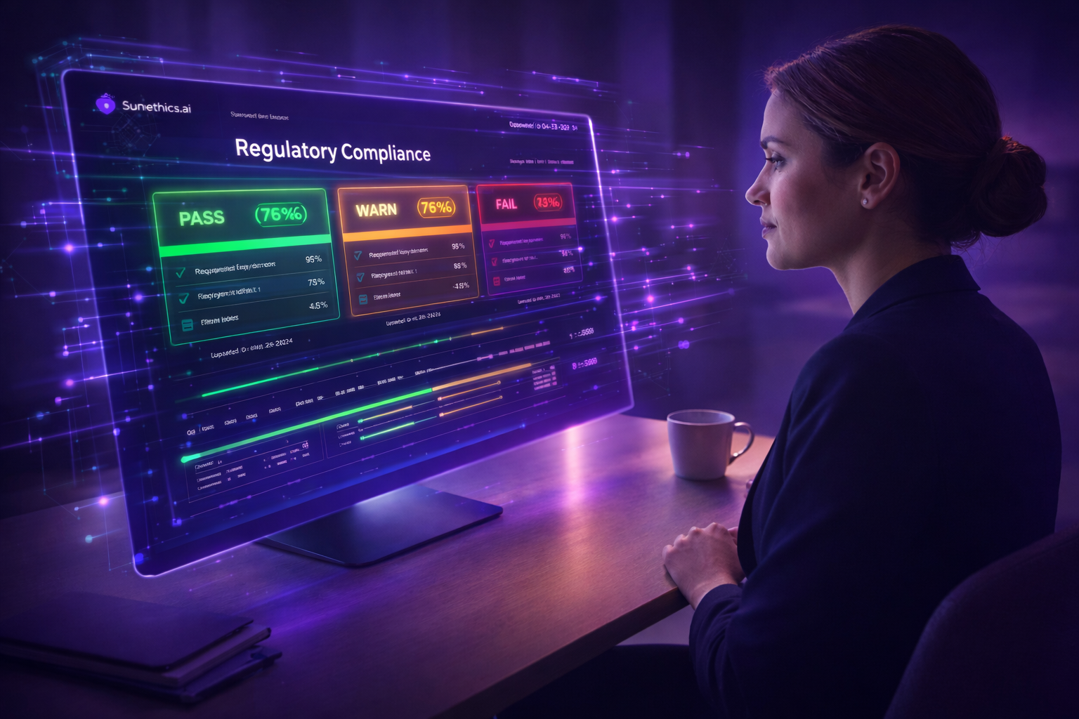 Sunethics.ai AI compliance dashboard showing holographic PASS, WARN, and FAIL regulatory review results